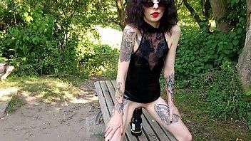 Play a tattooed rocker masturbates in public with a vibrator